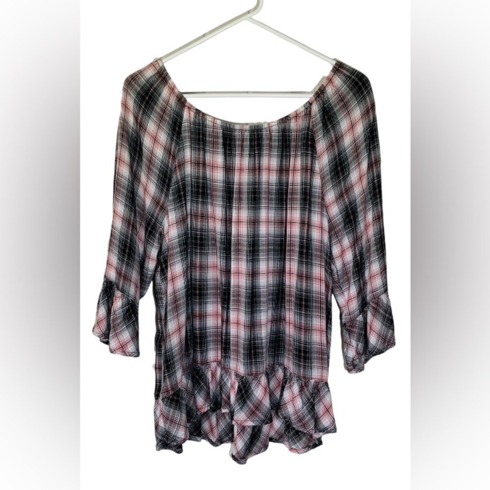 Faded Glory Gray and Peach Plaid Long Sleeve Off the Shoulder Rayon Blouse XL
